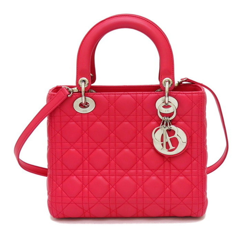 Christian Dior Lady Dior Cannage Medium 2WAY Handbag Lamb Leather Shocking Pink